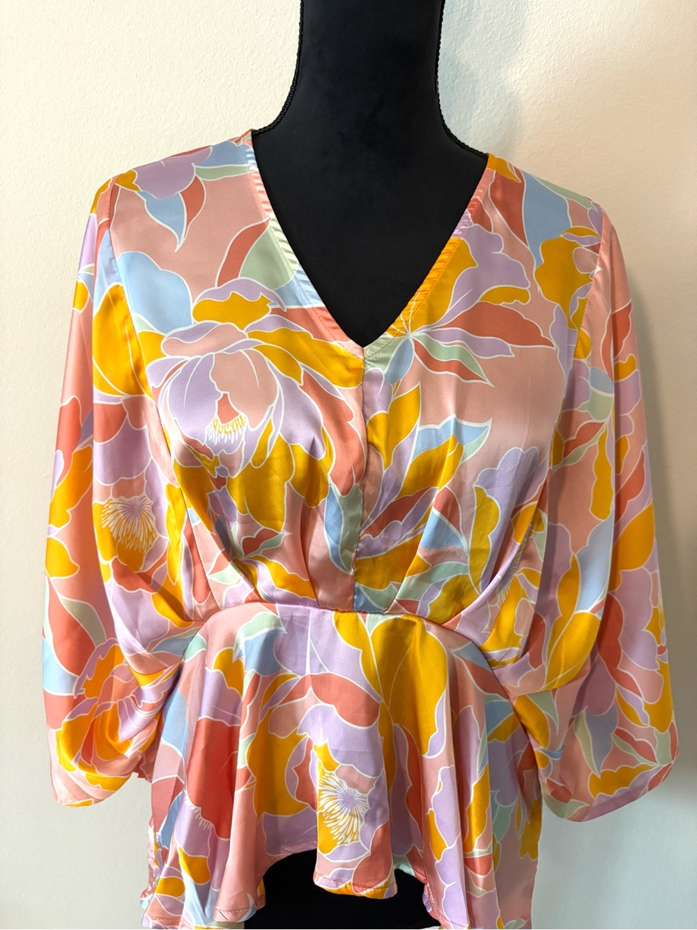 Floral V-Neck Peplum Blouse in Pastel Multi